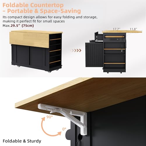Rolling Kitchen Island Cart with Drop Leaf, Power Outlet, and 5 Open Shelves L877625