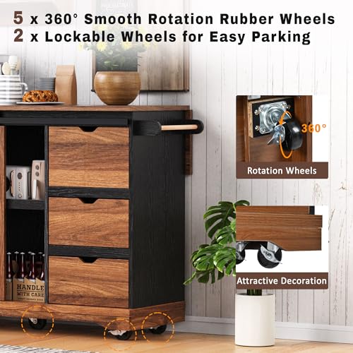Farmhouse Kitchen Island with Drop Leaf, Barn Door and Power Outlet C3058