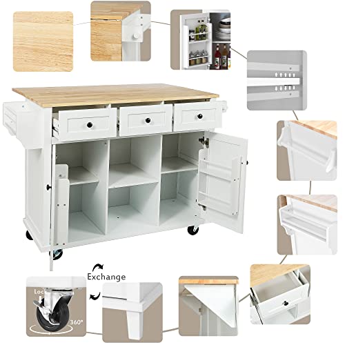 Large Kitchen Island with Drop Leaf, Rolling Cart, Power Outlet and Storage A3211
