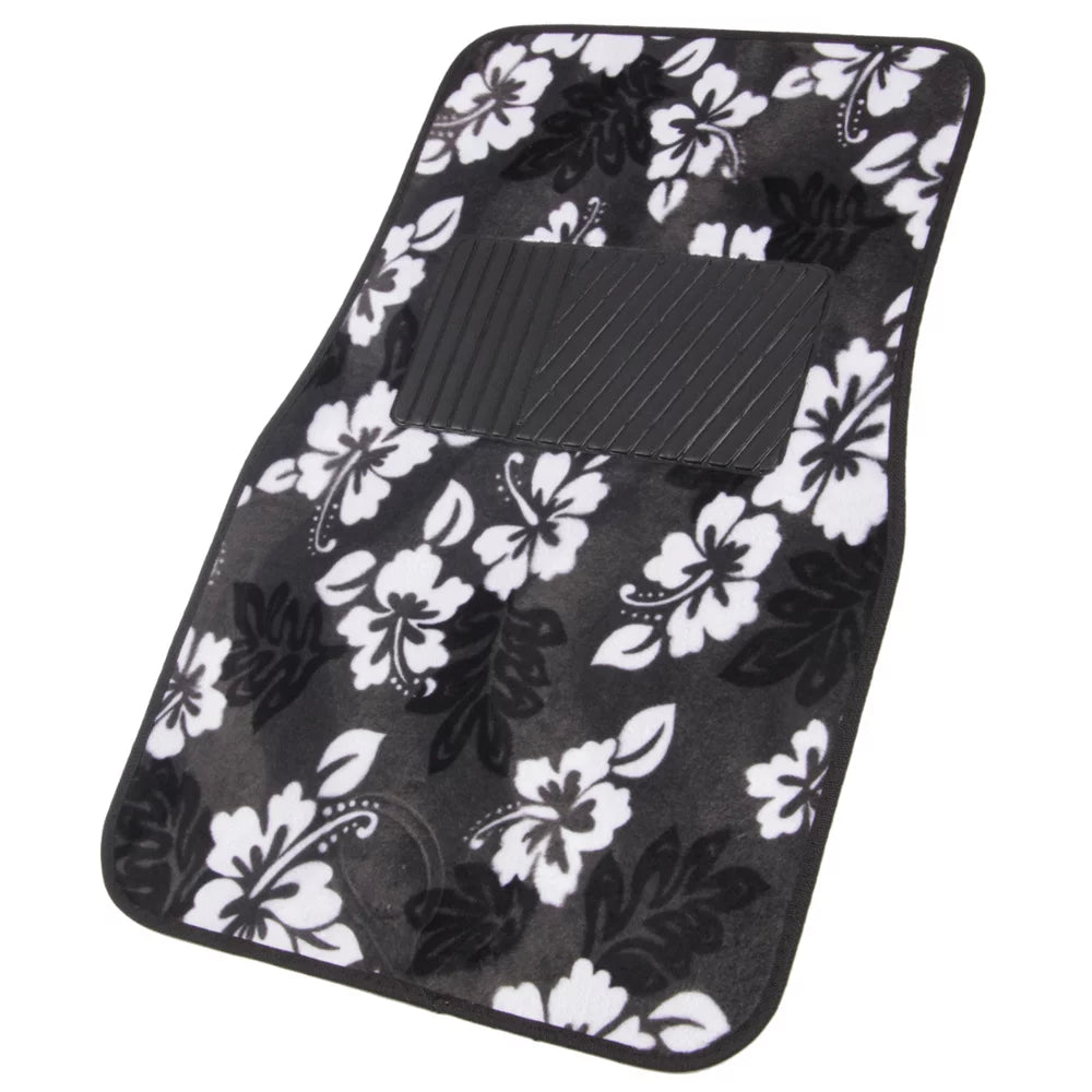 Hawaiian Hibiscus Carpet Floor Mats for Car Truck SUV - 4 Piece Set, Black & White I973141