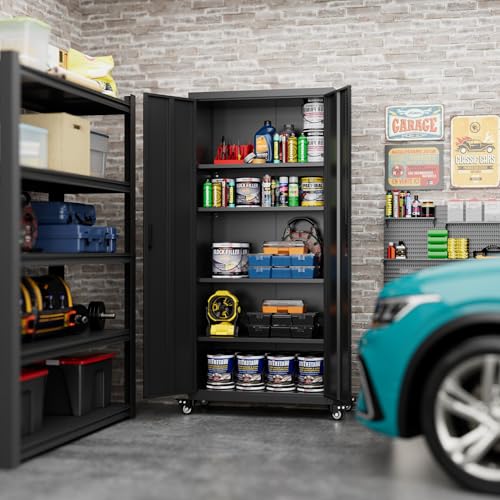 Metal Storage Cabinet with Wheels, 73" H, Locking Doors and Adjustable Shelves A1751
