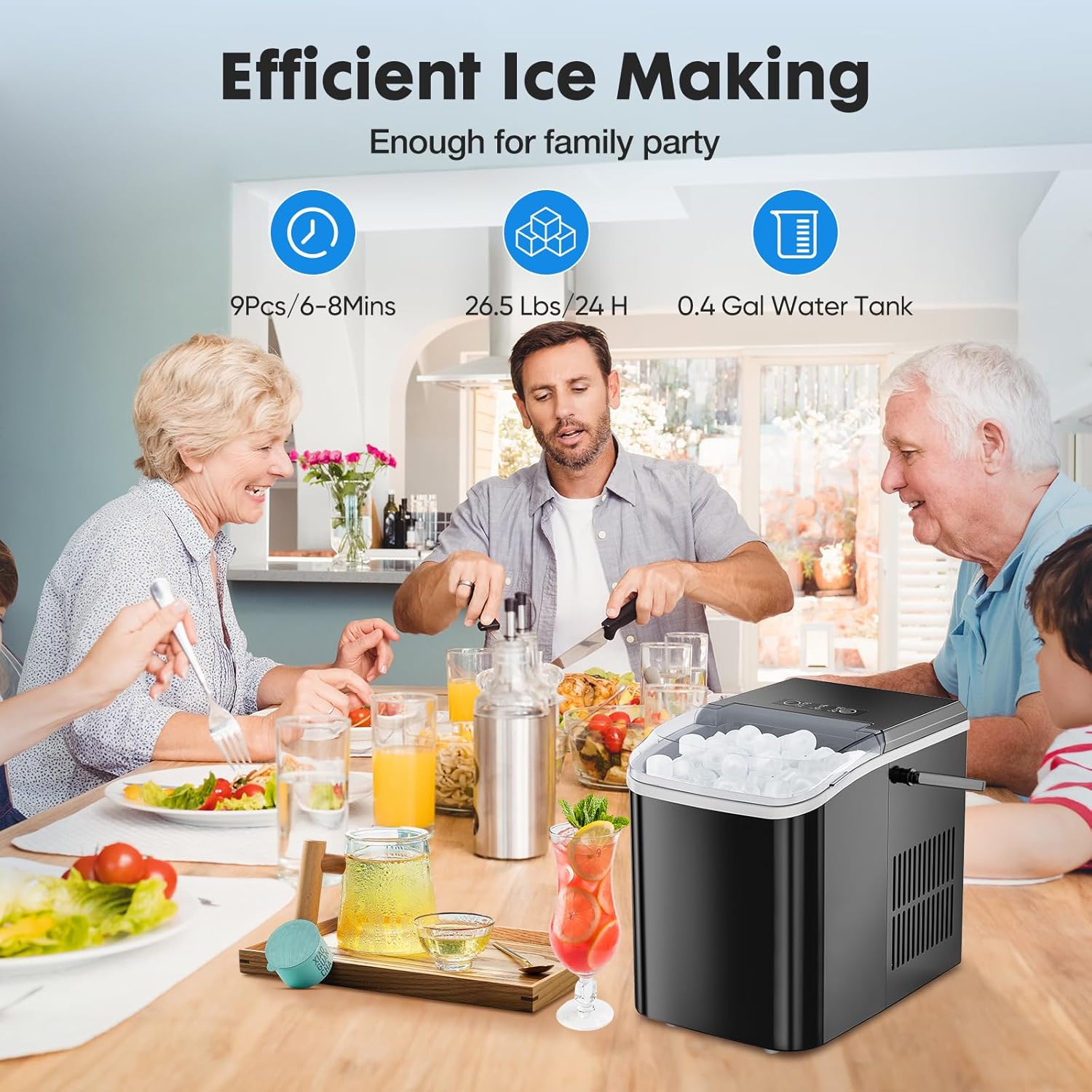 Ice Maker Countertop, Portable Mini Ice Machine, Self-Cleaning, 2 Ice Sizes, Black R709