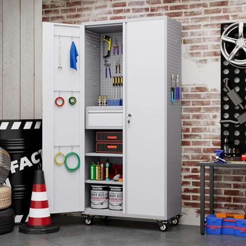 Metal Storage Cabinet with Wheels, 73" H, Locking Doors and Adjustable Shelves A1751
