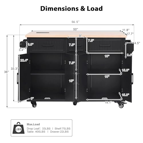 Rolling Kitchen Island Cart with Drop Leaf, Power Outlet, and 5 Open Shelves L877625