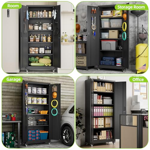 Garage Storage Cabinet with Wheels, 72" H, 2 Doors, 4 Adjustable Shelves, Black R4307