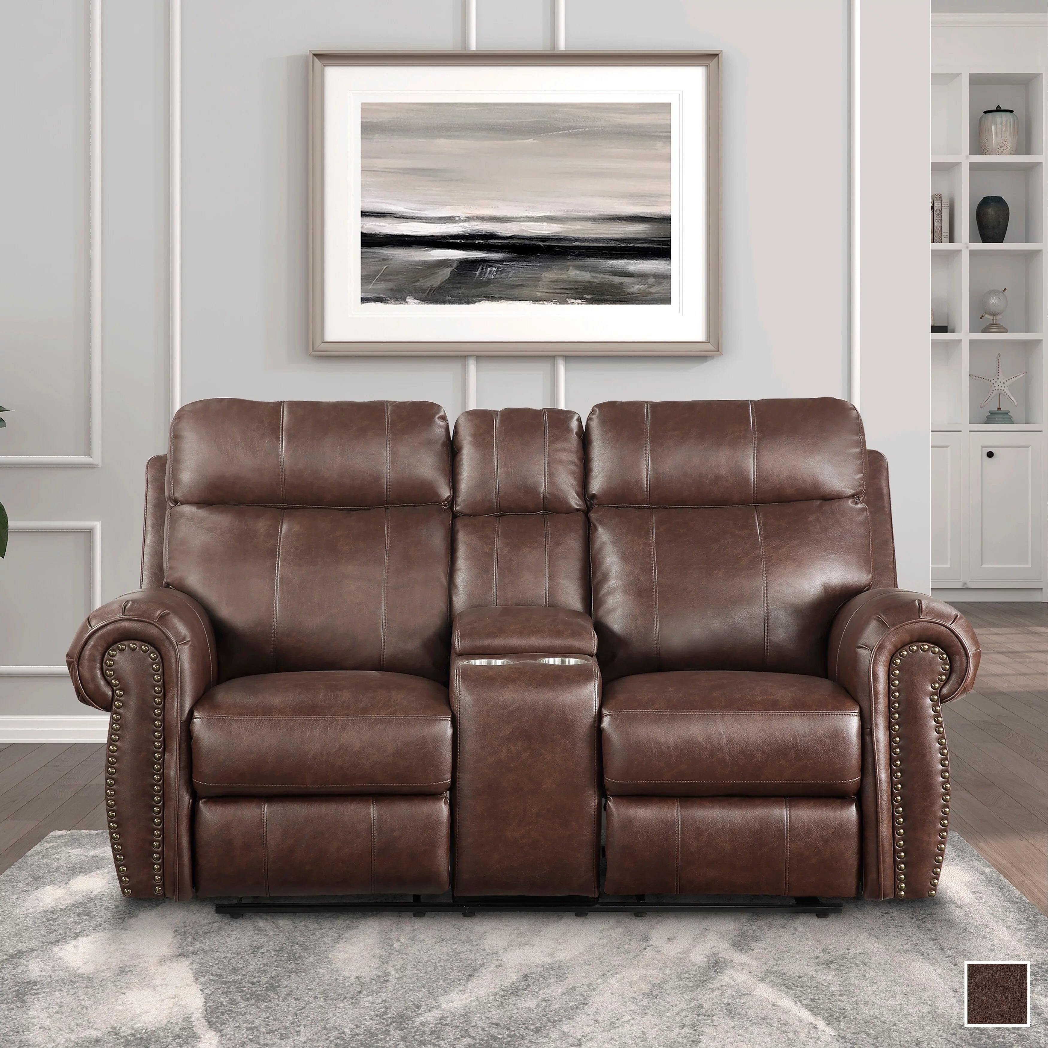 Breathable Faux Leather Manual Double Reclining Loveseat Brown S841038