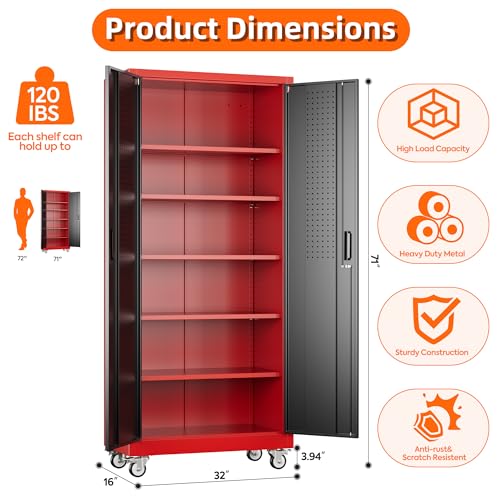Metal Storage Cabinet with Wheels, 73" H, Locking Doors and Adjustable Shelves A1751