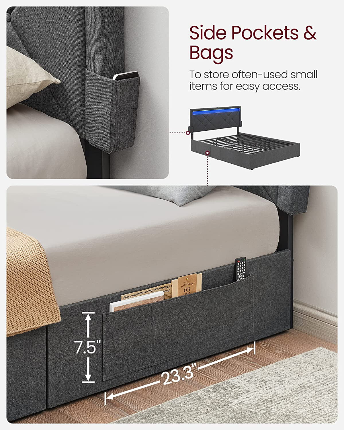 Full Size LED Bed Frame with Headboard and 4 Drawers Storage, Gray H975913