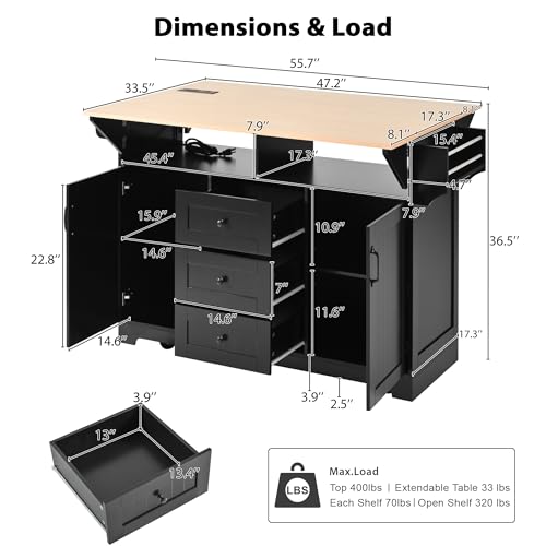 Foldable Kitchen Storage Island Cart with Drop Leaf Extensions and Wheels C5218
