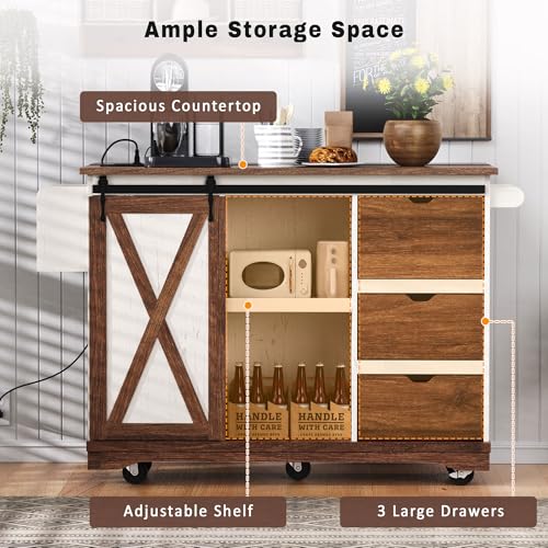 Farmhouse Kitchen Island with Drop Leaf, Barn Door and Power Outlet C3058