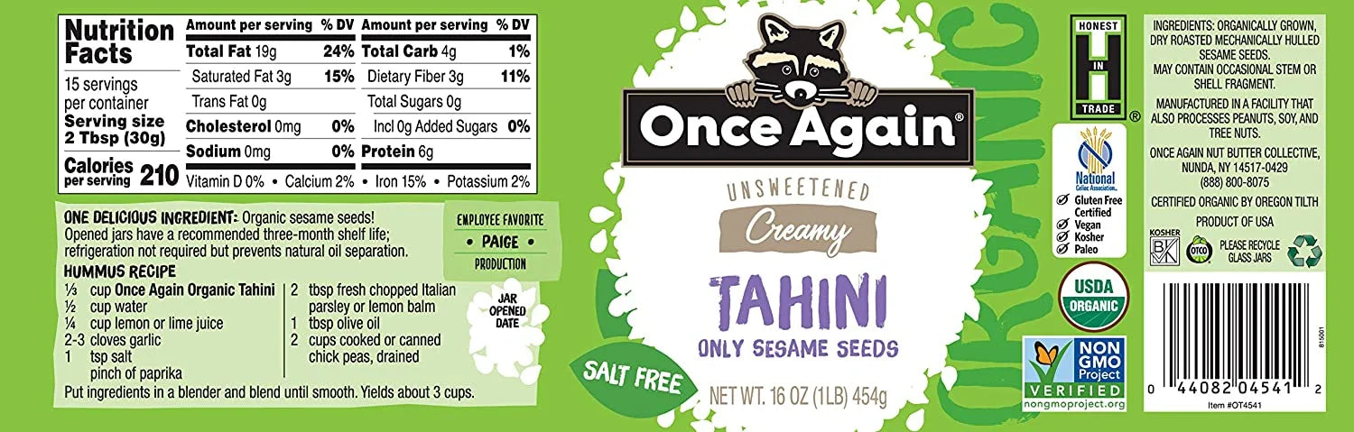 Organic Unsweetened Tahini Creamy Sesame Seed, 16 oz Pack of 4 K901385