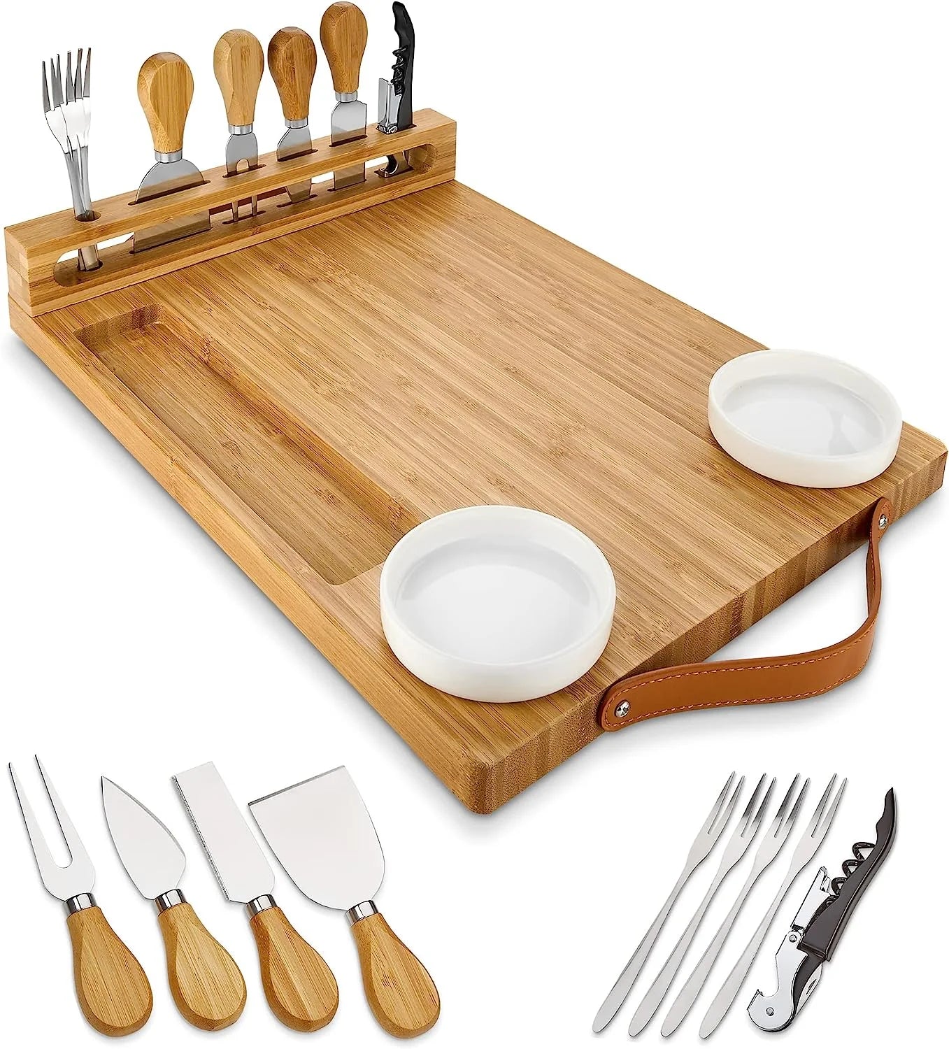 Bamboo Charcuterie Board with Knife Set and Ceramic Bowls R21946
