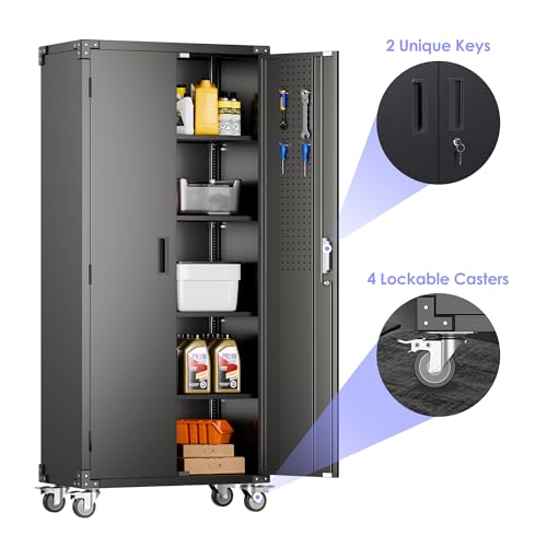 Garage Storage Cabinet with Wheels, 72" H, 2 Doors, 4 Adjustable Shelves, Black R4307