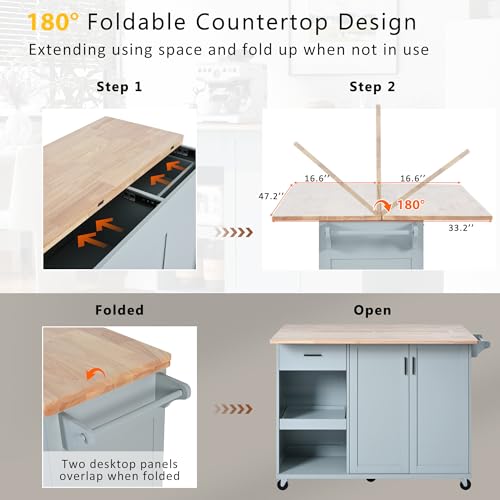 Large Kitchen Island with Drop Leaf, Rolling Cart, Power Outlet and Storage A3211