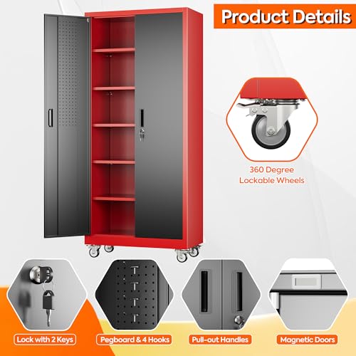 Metal Storage Cabinet with Wheels, 73" H, Locking Doors and Adjustable Shelves A1751