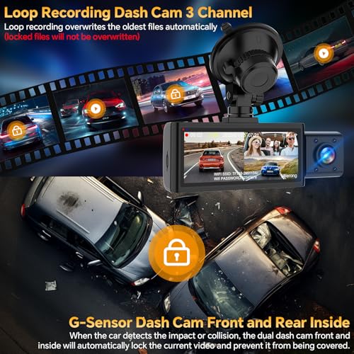 3 Channel Dash Cam Front Rear Inside, 2.5K WiFi, 1440P+1080P, 64GB Card, IR Night Vision P6249