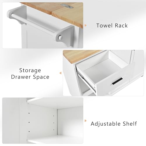Large Kitchen Island with Drop Leaf, Rolling Cart, Power Outlet and Storage A3211
