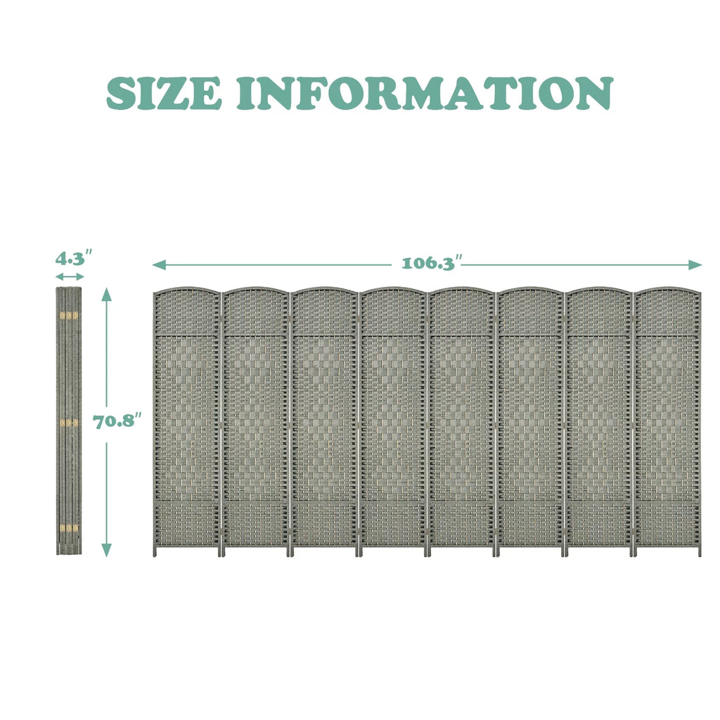 5.7ft Wood Fiber Woven Room Divider 8 Panels, Foldable Grey M77769