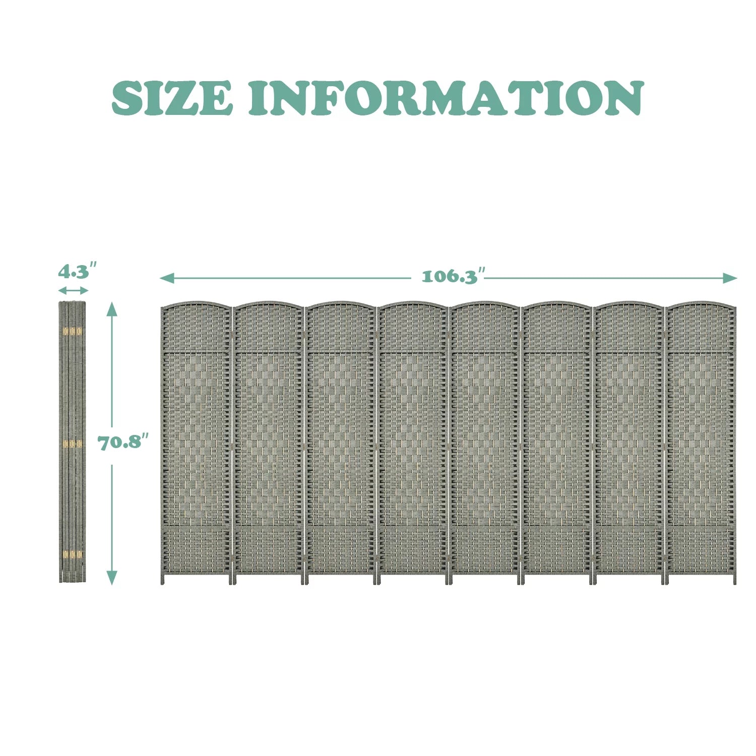 5.7ft Wood Fiber Woven Room Divider 8 Panels, Foldable Grey M77769