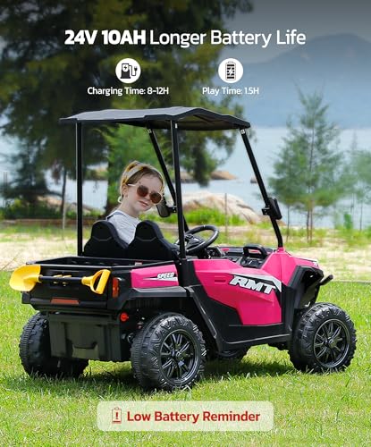 24V Ride on Car 2 Seater with Sun Shade, Dump Bed, 4WD, Pink S782676