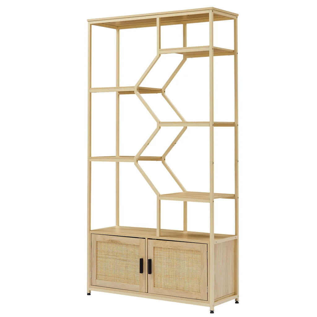 Rattan Bookshelf 7 Tiers with Storage Cabinet and Doors N66680