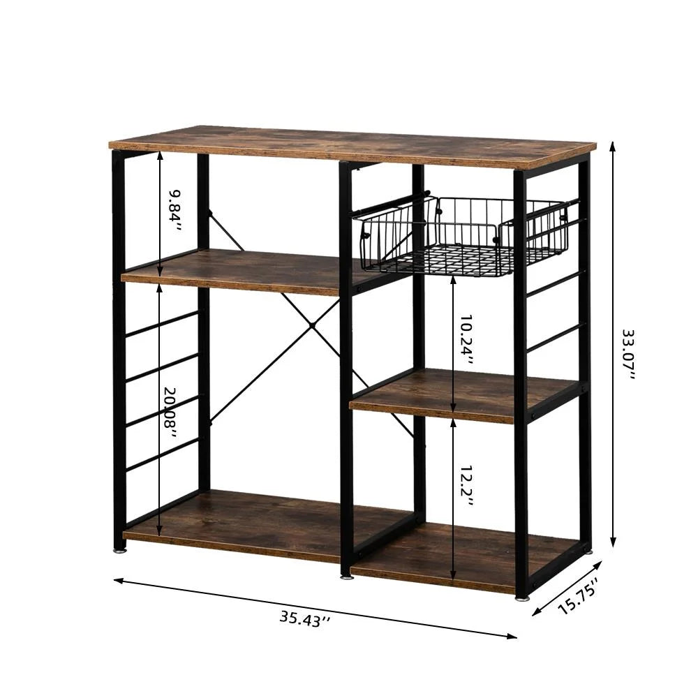 Vintage Kitchen Baker's Rack Microwave Stand Coffee Bar Table with Storage Shelf, Basket and Hooks, Rustic Brown A756397