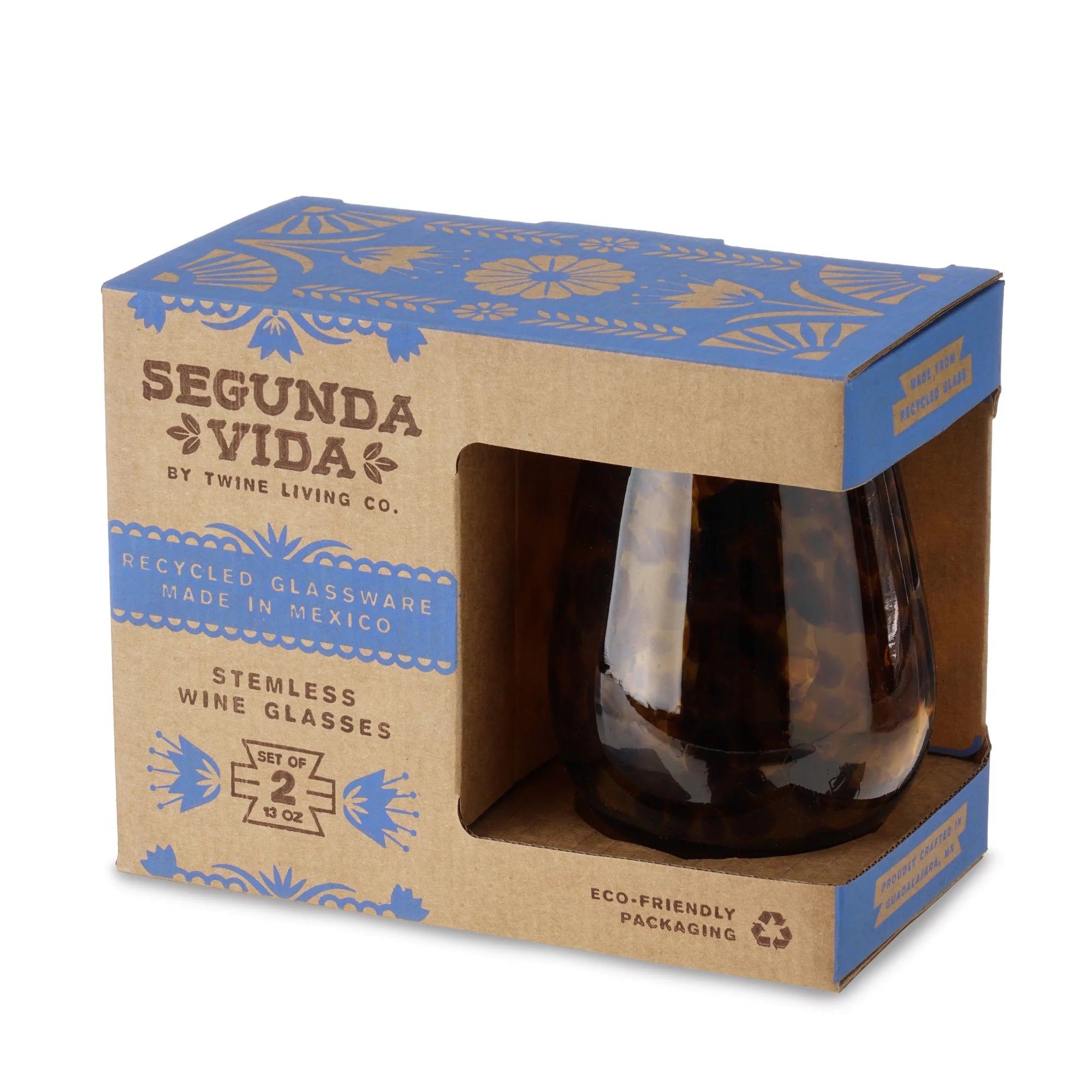 Tortoise Shell Stemless Wine Glasses, Recycled Glass, 13oz, Set of 2 E621733