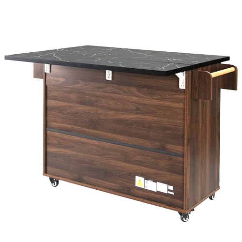 Farmhouse Kitchen Island with Drop Leaf, Barn Door and Power Outlet C3058