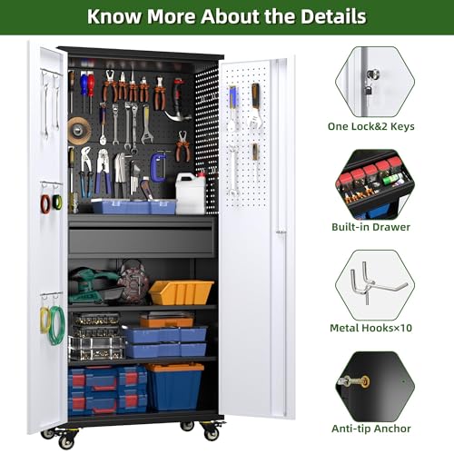 Garage Storage Cabinet with Wheels, 72" H, 2 Doors, 4 Adjustable Shelves, Black R4307