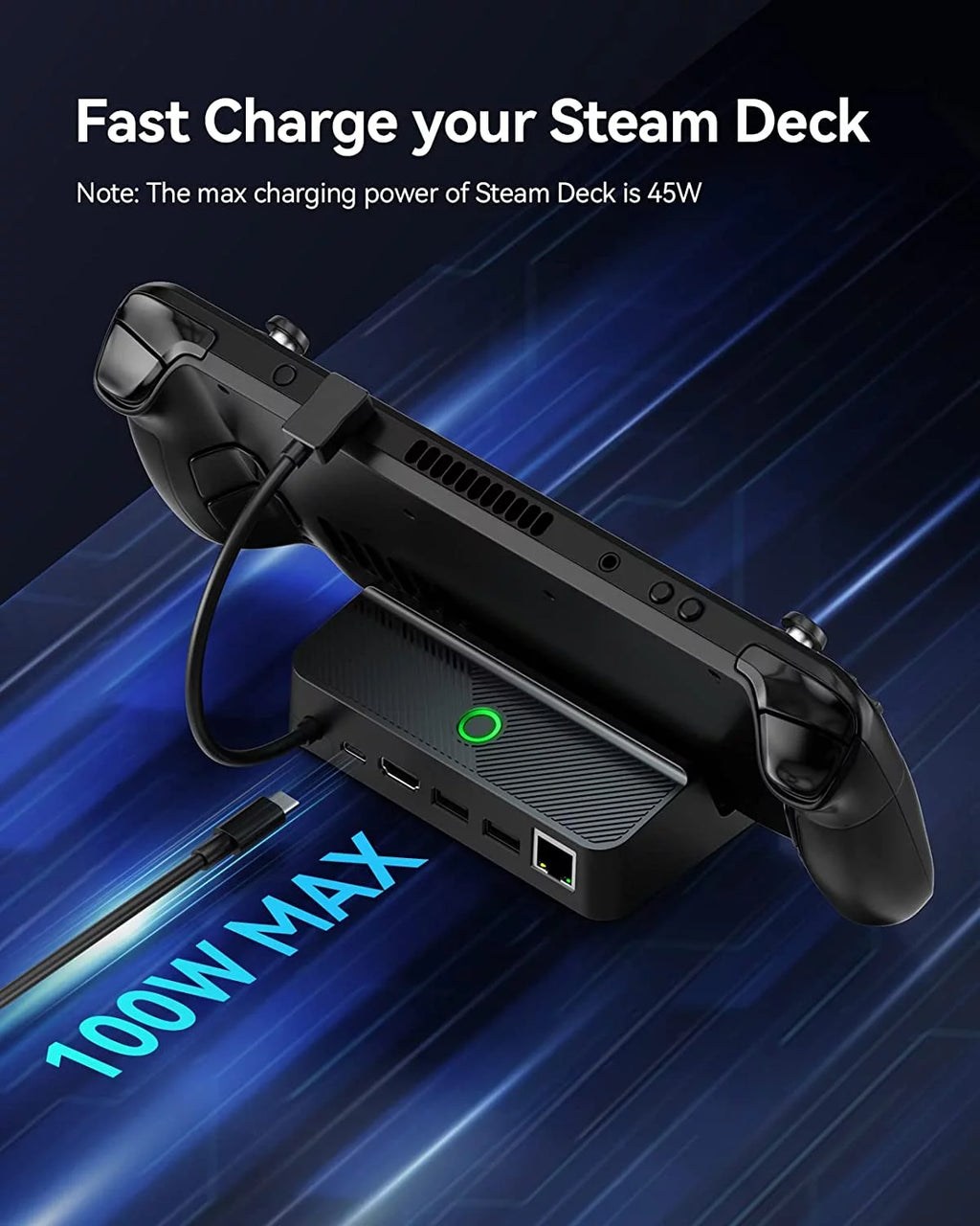 Steam Deck Dock with LED Light, 5-in-1, Gigabit Ethernet, HD 2.0, 2 USB-A, 100W Charging Port G93813