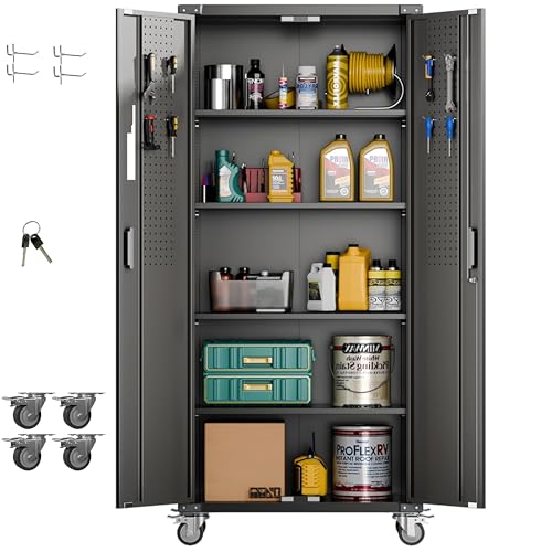 Garage Storage Cabinet with Wheels, 72" H, 2 Doors, 4 Adjustable Shelves, Black R4307