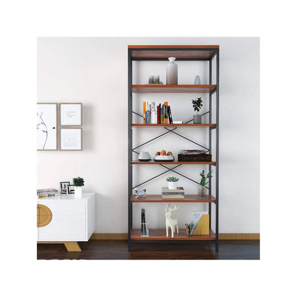 5-Tier Tall Bookcase, Rustic Wood and Metal Open Shelf Unit K172304