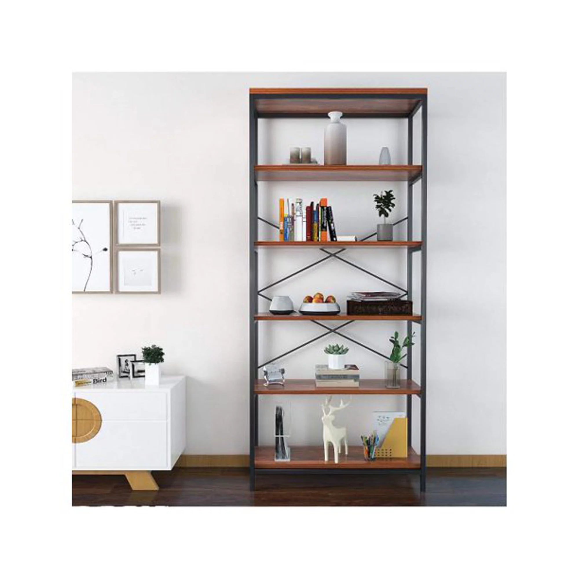 5-Tier Tall Bookcase, Rustic Wood and Metal Open Shelf Unit K172304
