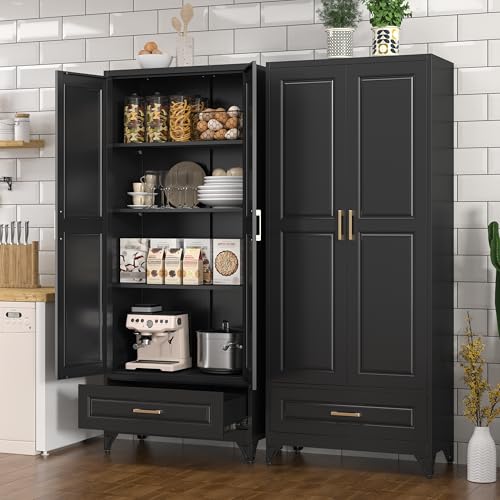 Tall Kitchen Storage Cabinet with Doors and Adjustable Shelves, Black Freestanding Cupboard J20442