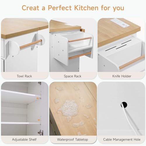 Kitchen Island with Power Outlet & Drop Leaf, Rolling Cart with Storage J137407