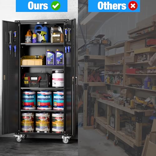 Metal Storage Cabinet with Wheels, 73" H, Locking Doors and Adjustable Shelves A1751