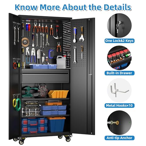 Metal Storage Cabinet with Wheels, 73" H, Locking Doors and Adjustable Shelves A1751