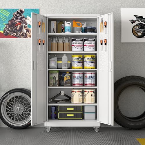 Garage Storage Cabinet with Wheels, 72" H, 2 Doors, 4 Adjustable Shelves, Black R4307