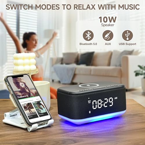 Wireless Charging Alarm Clock Speaker with Bluetooth, Dimmable Night Light K3994