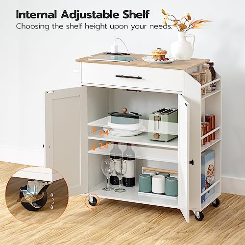 Kitchen Island with Power Outlet, Spice Rack and Drawer, Rolling Cart F495760