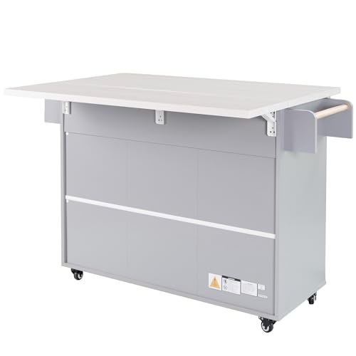 Farmhouse Kitchen Island with Drop Leaf, Barn Door and Power Outlet C3058