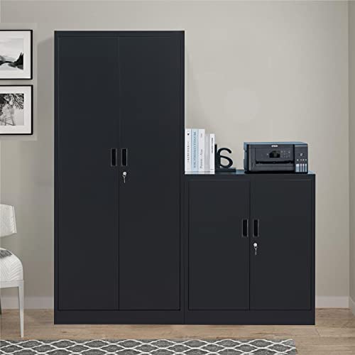 Locking Metal Storage Cabinet with Shelves and Doors, Black I112889