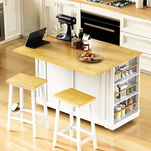Rolling Kitchen Island Cart with Drop Leaf, Power Outlet, and 5 Open Shelves L877625
