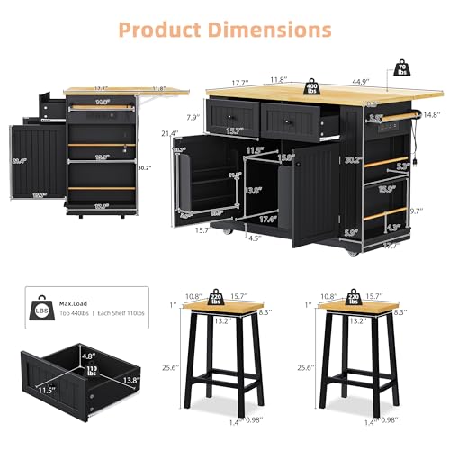 Rolling Kitchen Island Cart with Drop Leaf, Power Outlet, and 5 Open Shelves L877625