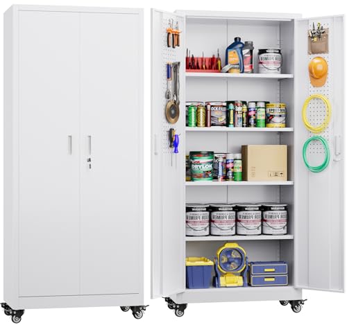 Metal Storage Cabinet with Wheels, 73" H, Locking Doors and Adjustable Shelves A1751