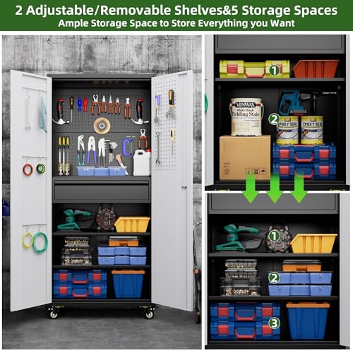 Garage Storage Cabinet with Wheels, 72" H, 2 Doors, 4 Adjustable Shelves, Black R4307