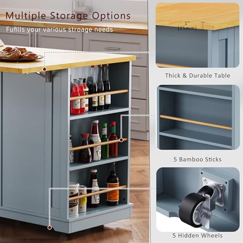 Large Kitchen Island with Drop Leaf, Rolling Cart, Power Outlet and Storage A3211
