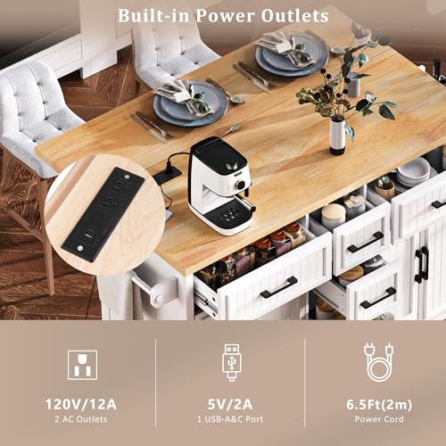 Rolling Kitchen Island Cart with Drop Leaf, Power Outlet, and 5 Open Shelves L877625
