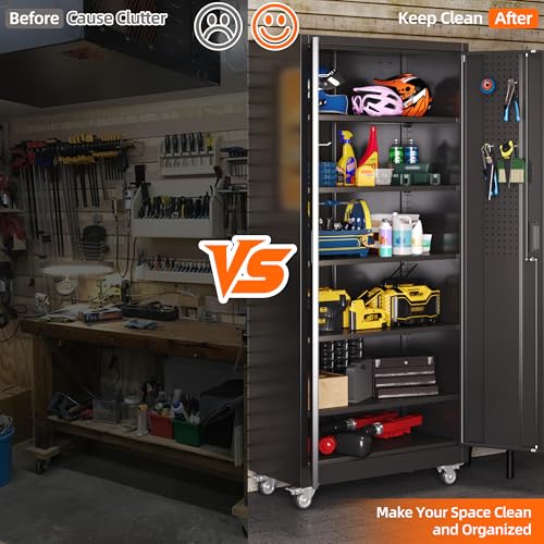 Metal Storage Cabinet with Wheels, 73" H, Locking Doors and Adjustable Shelves A1751