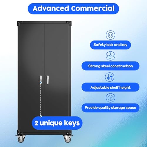 Garage Storage Cabinet with Wheels, 72" H, 2 Doors, 4 Adjustable Shelves, Black R4307
